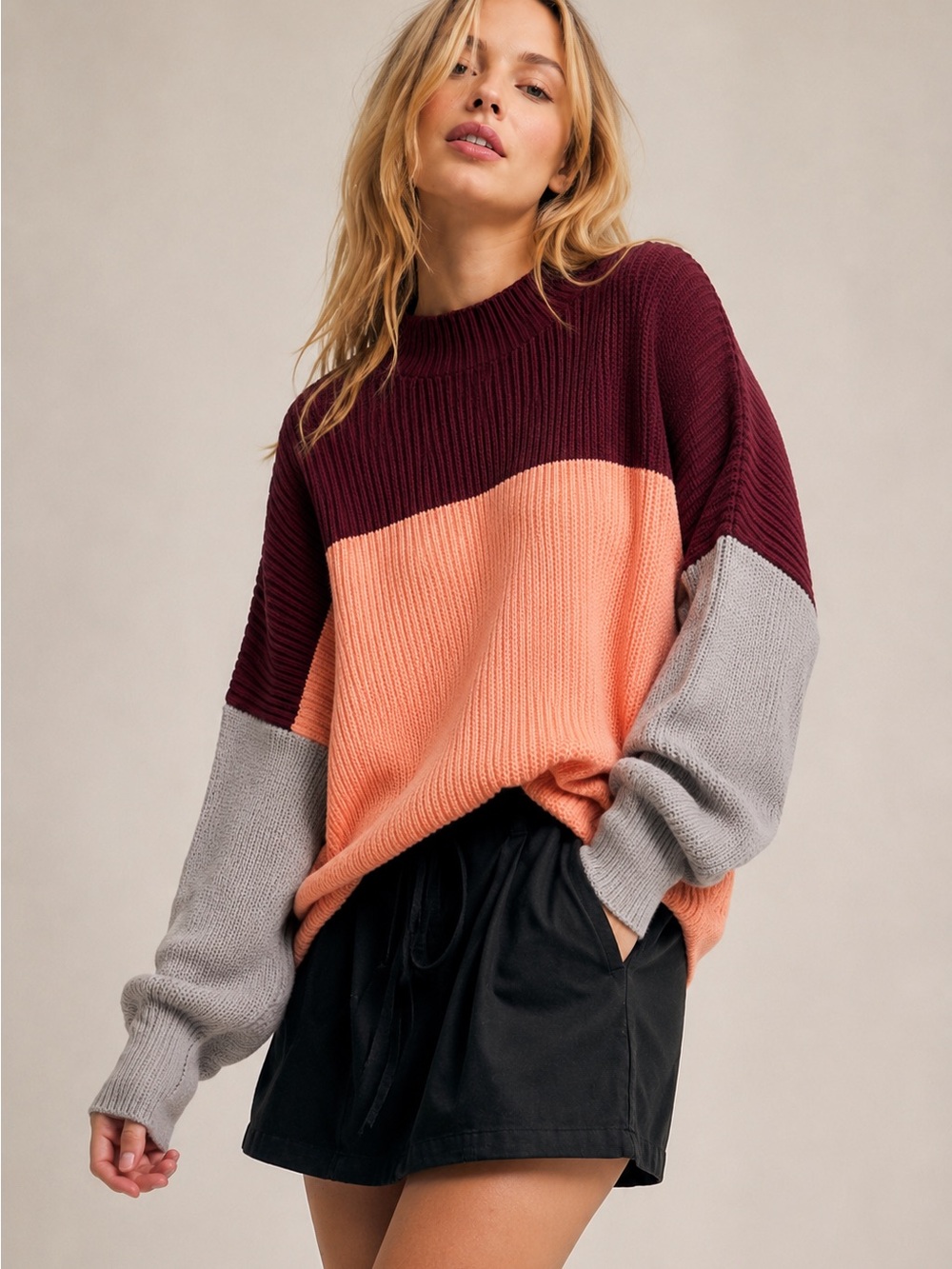 Free People Easy Street Tunic Oversized Colorblock Peach Maroon Beige - Picture 16 of 16